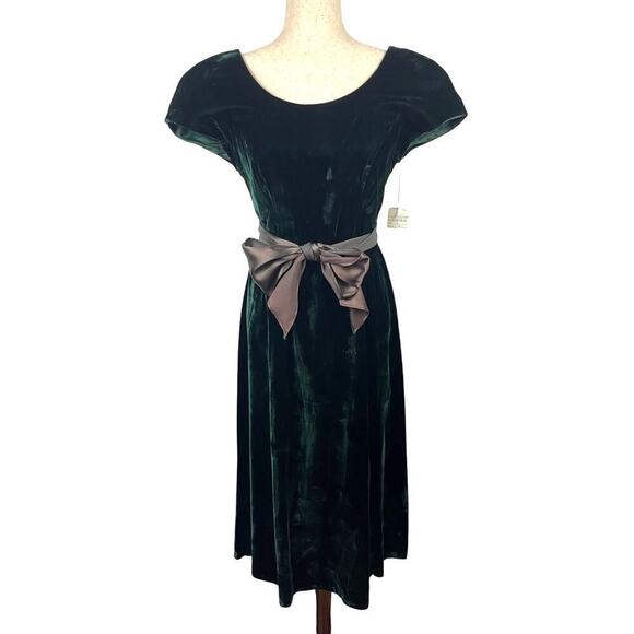 Vintage 80s 90s Donna Ricco Emerald Green Velvet Midi Dress Tie Waist Women's 8 - Picture 1 of 15